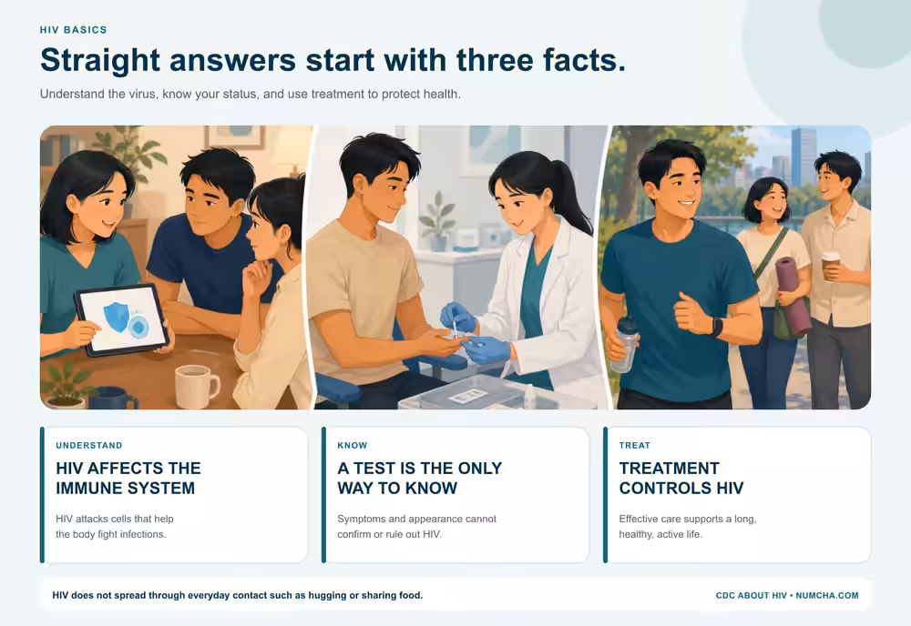 HIV basics infographic with Asian adults under 40 learning about the immune system, receiving an HIV test, and enjoying an active life with care.