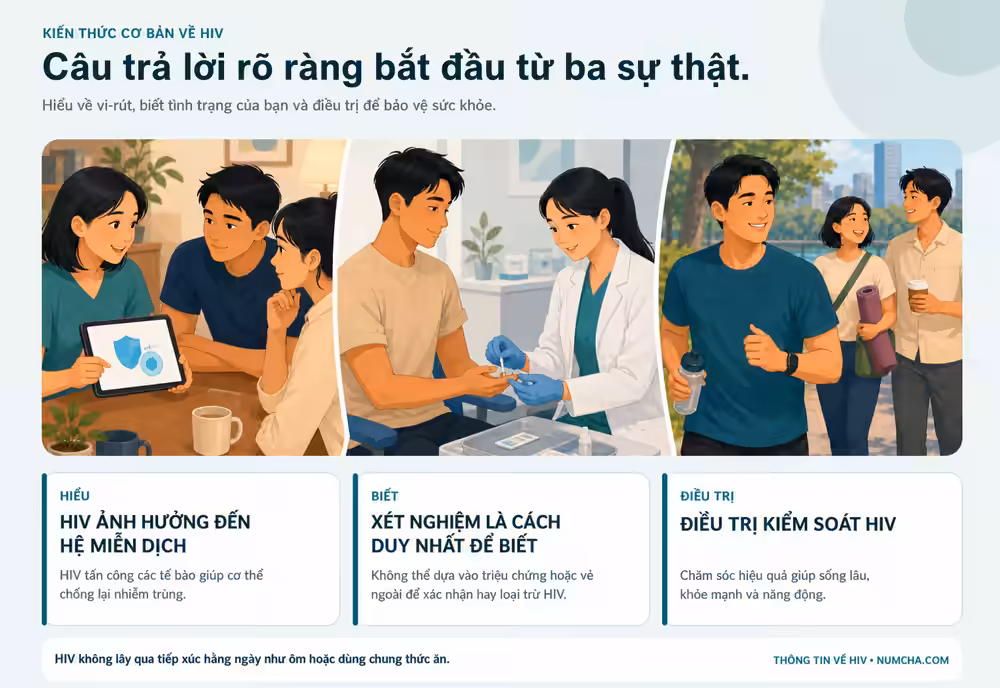 Đồ họa thông tin minh họa cho chủ đề “Kiến thức cơ bản về HIV”.