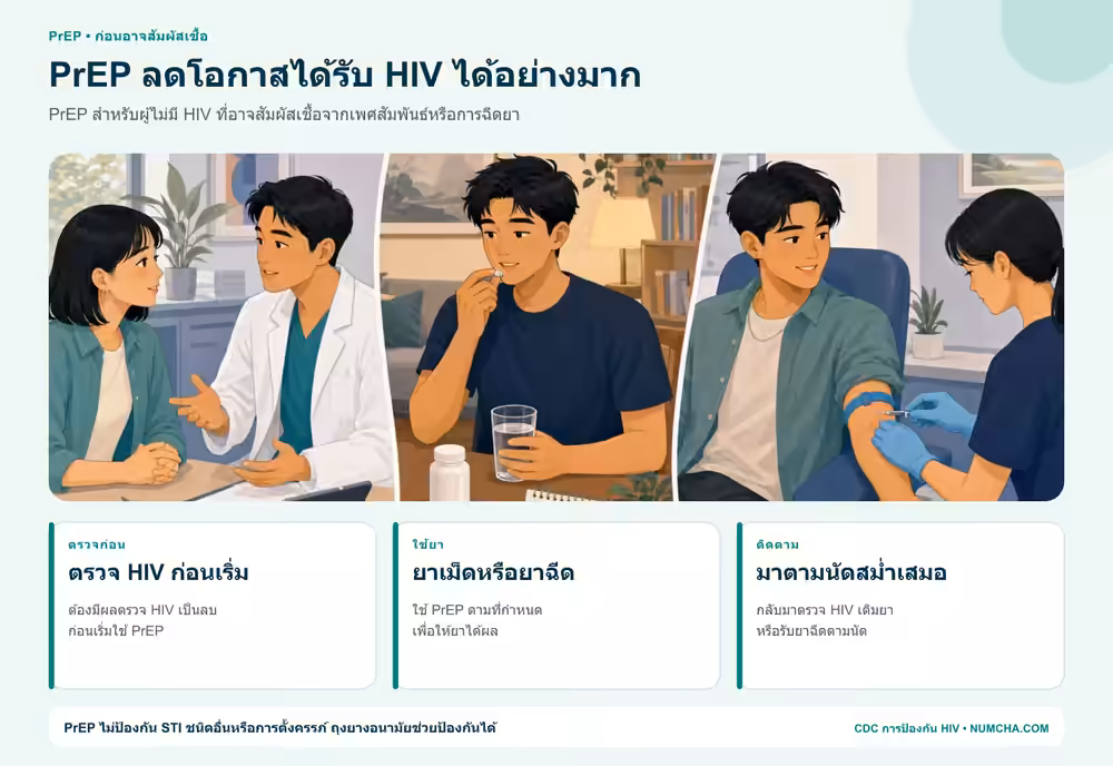 อินโฟกราฟิก PrEP ป้องกัน HIV แสดงการตรวจ เลือกยา และติดตามอย่างสม่ำเสมอ