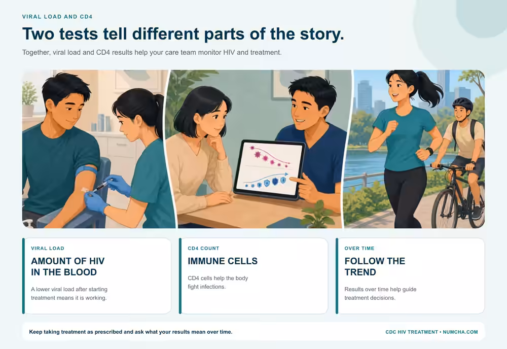 Viral load and CD4 infographic with Asian adults under 40 showing a blood test, review of two result trends, and an active healthy daily life.